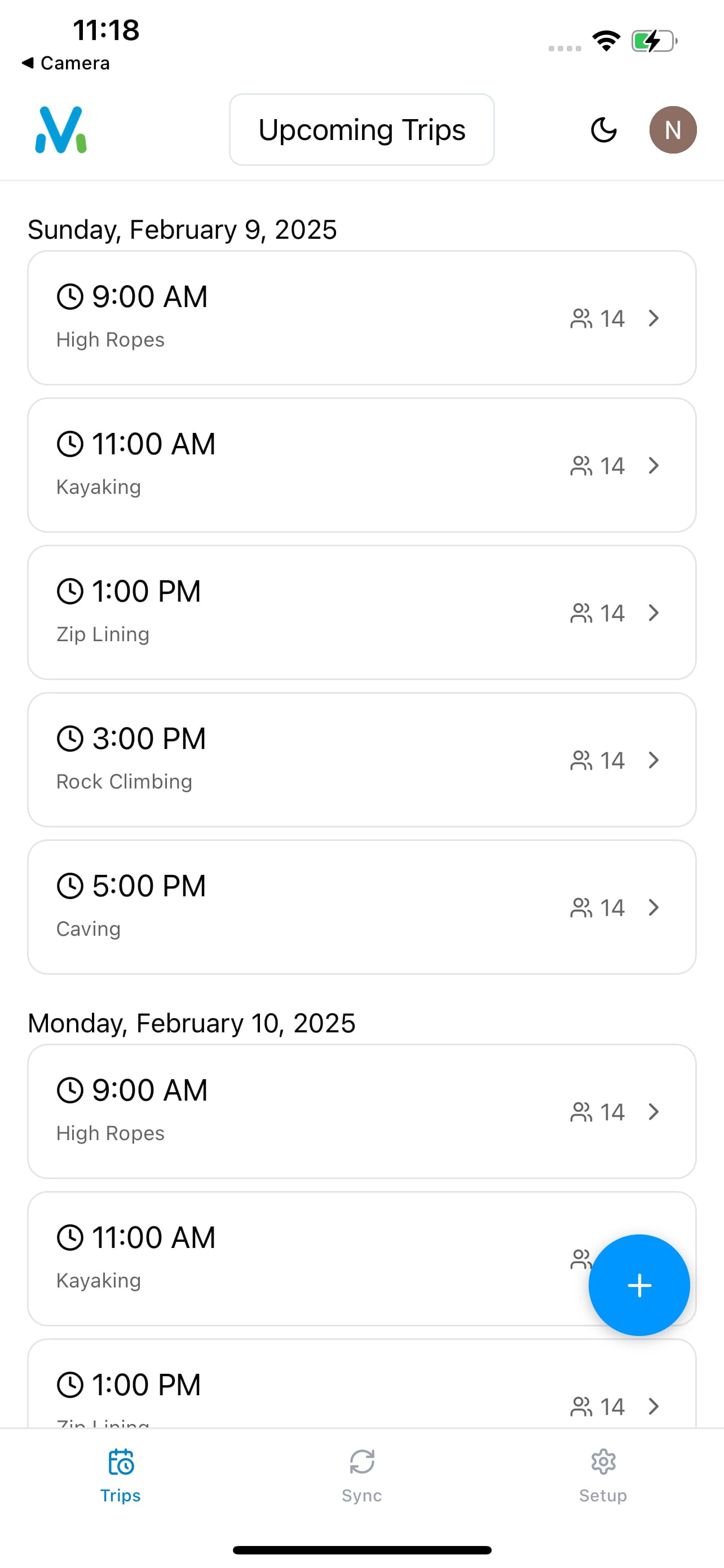 Mobile app showing upcoming adventure trips
